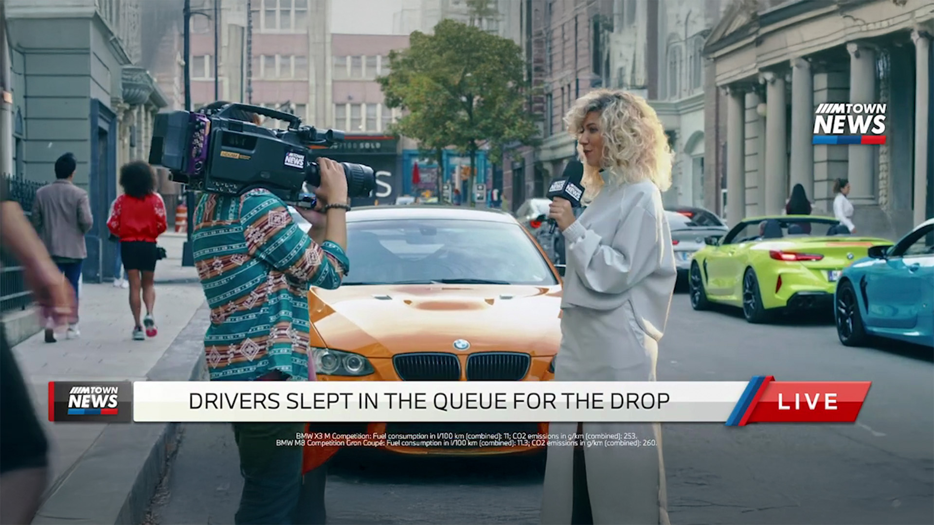 M Town News reporter live on scene with BMW M cars in background