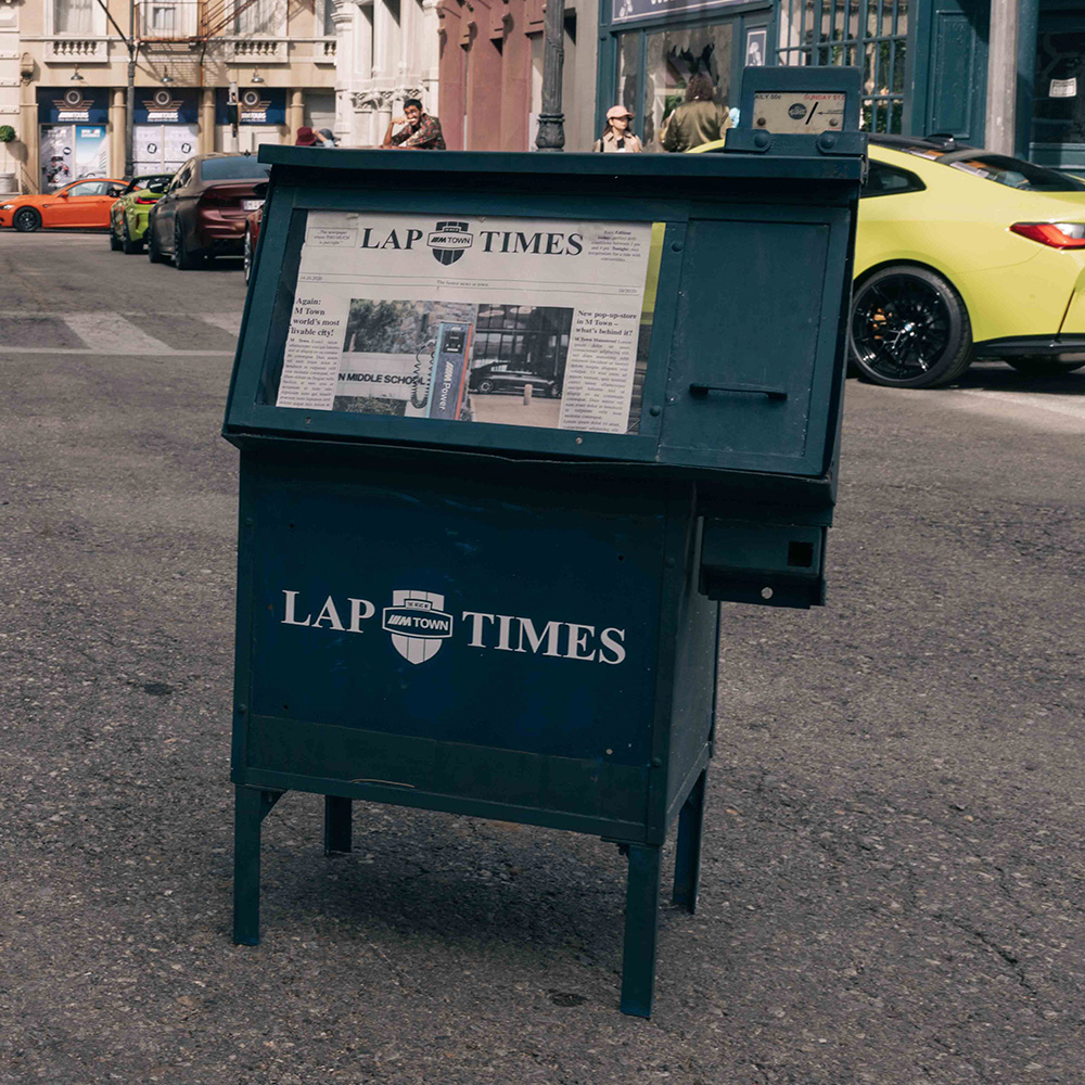 Lap Times newspaper box on street corner