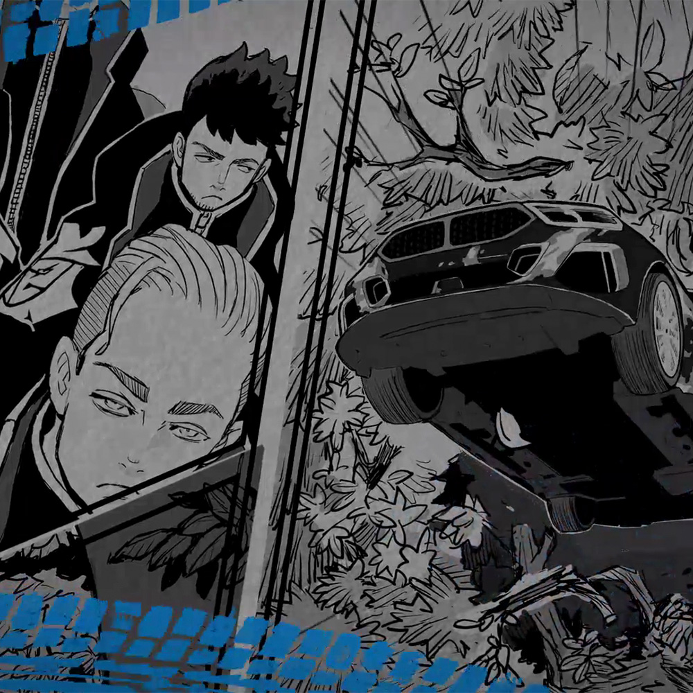 Manga panels showing esports players and BMW vehicles in black and white illustration style
