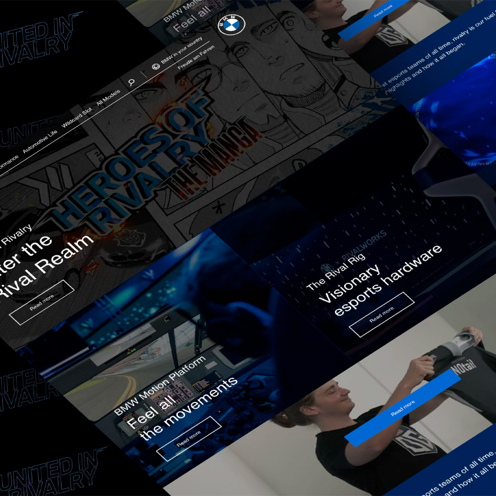 BMW Esports Hub website showing manga content, Rival Rig hardware and team profiles