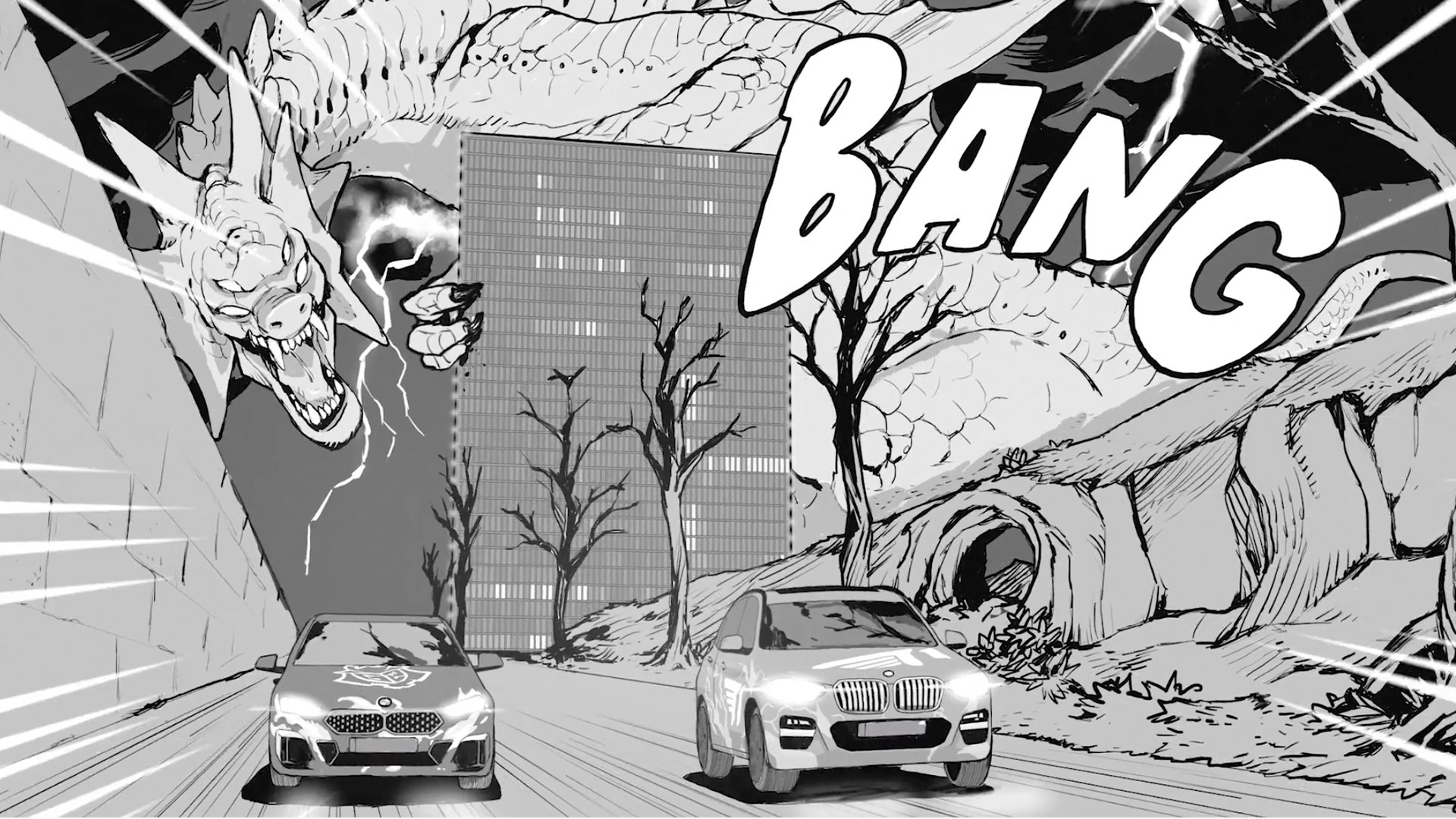Manga panel showing BMW cars with dramatic speed lines and monster silhouette
