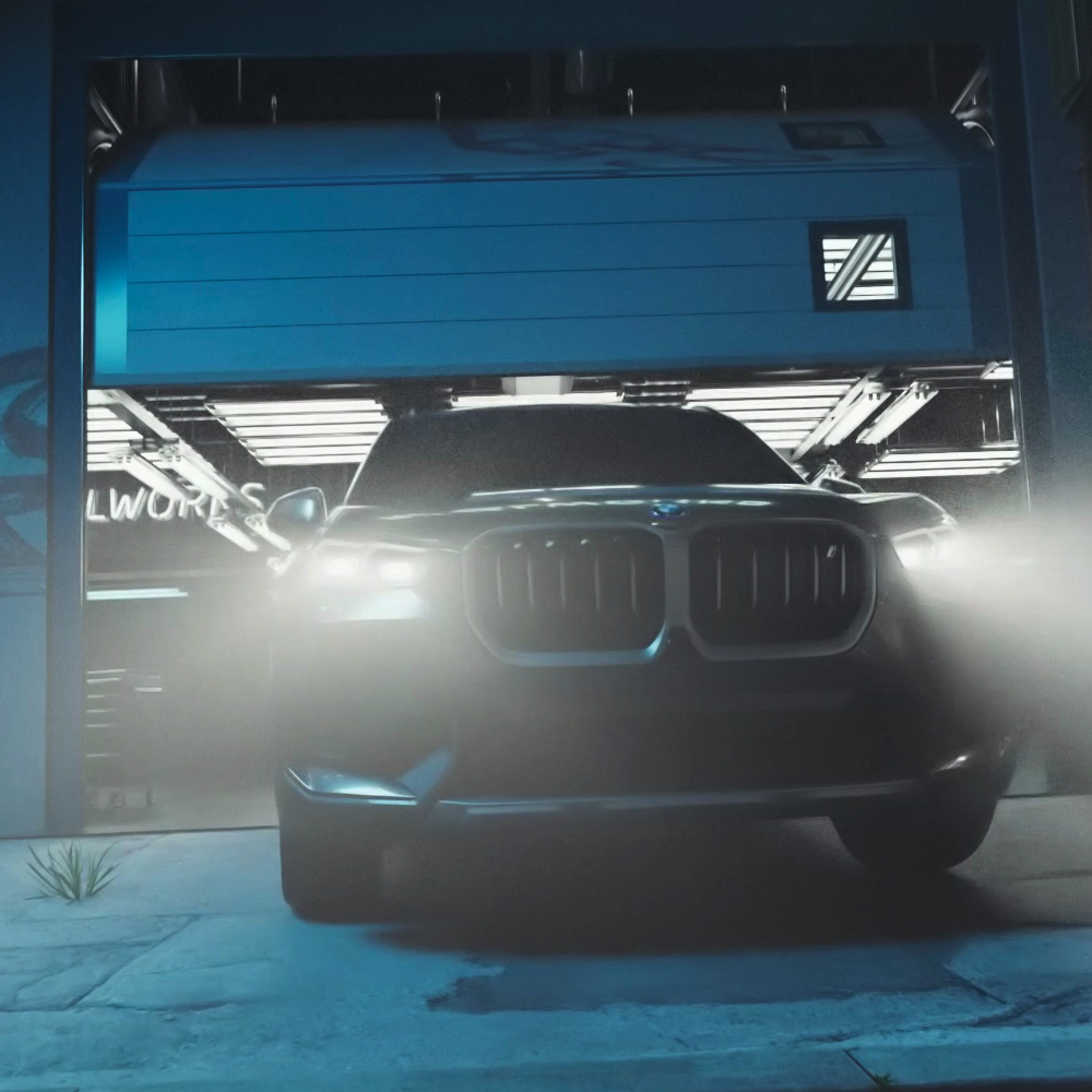 BMW iX3 in virtual garage with atmospheric lighting