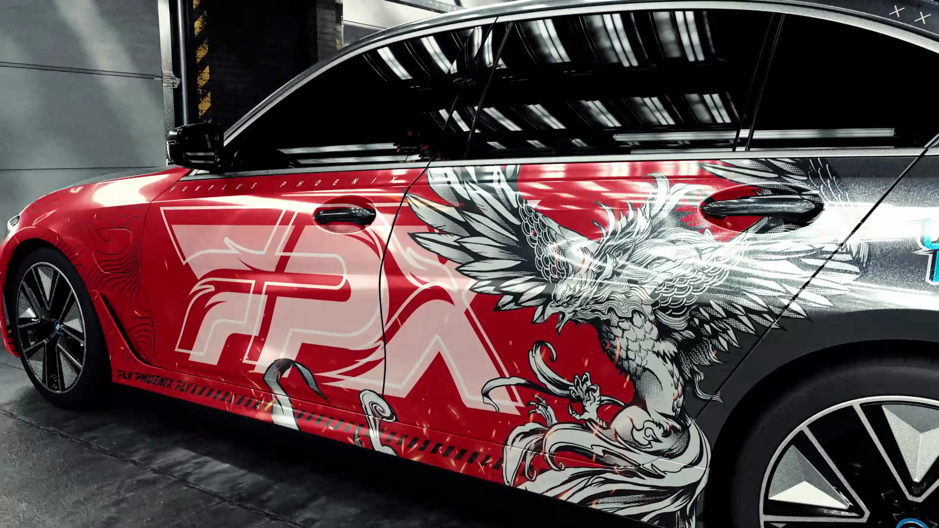 FPX team car design - red and white BMW with phoenix and dragon artwork