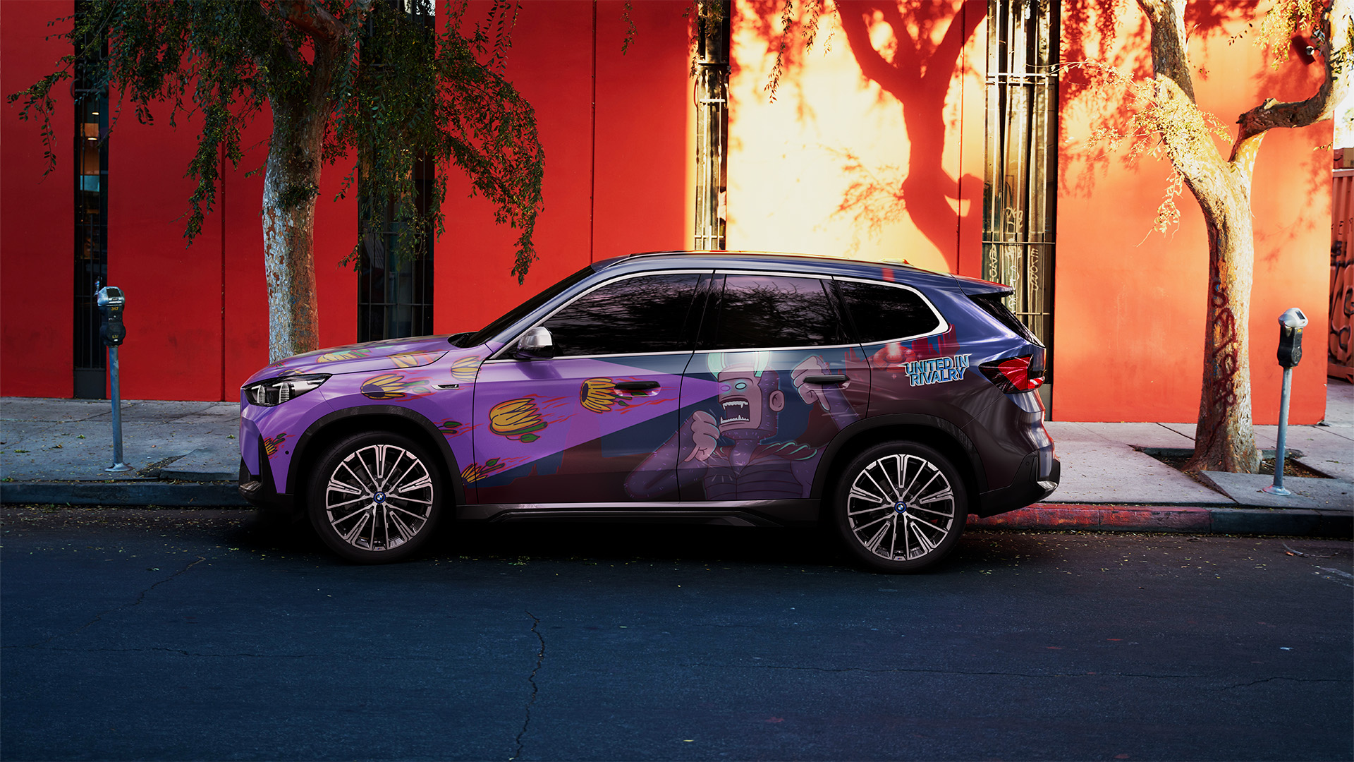 OG team car in vibrant tropical setting with neon lights